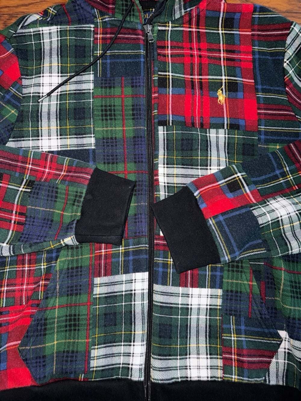 Polo Ralph Lauren Men's Patchwork Plaid Full Zip Fleece Hoodie Multicolor Large - Picture 2 of 7